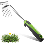 WORKPRO 6-tine weed puller tool with stainless steel head and green-and-black soft grip handle.