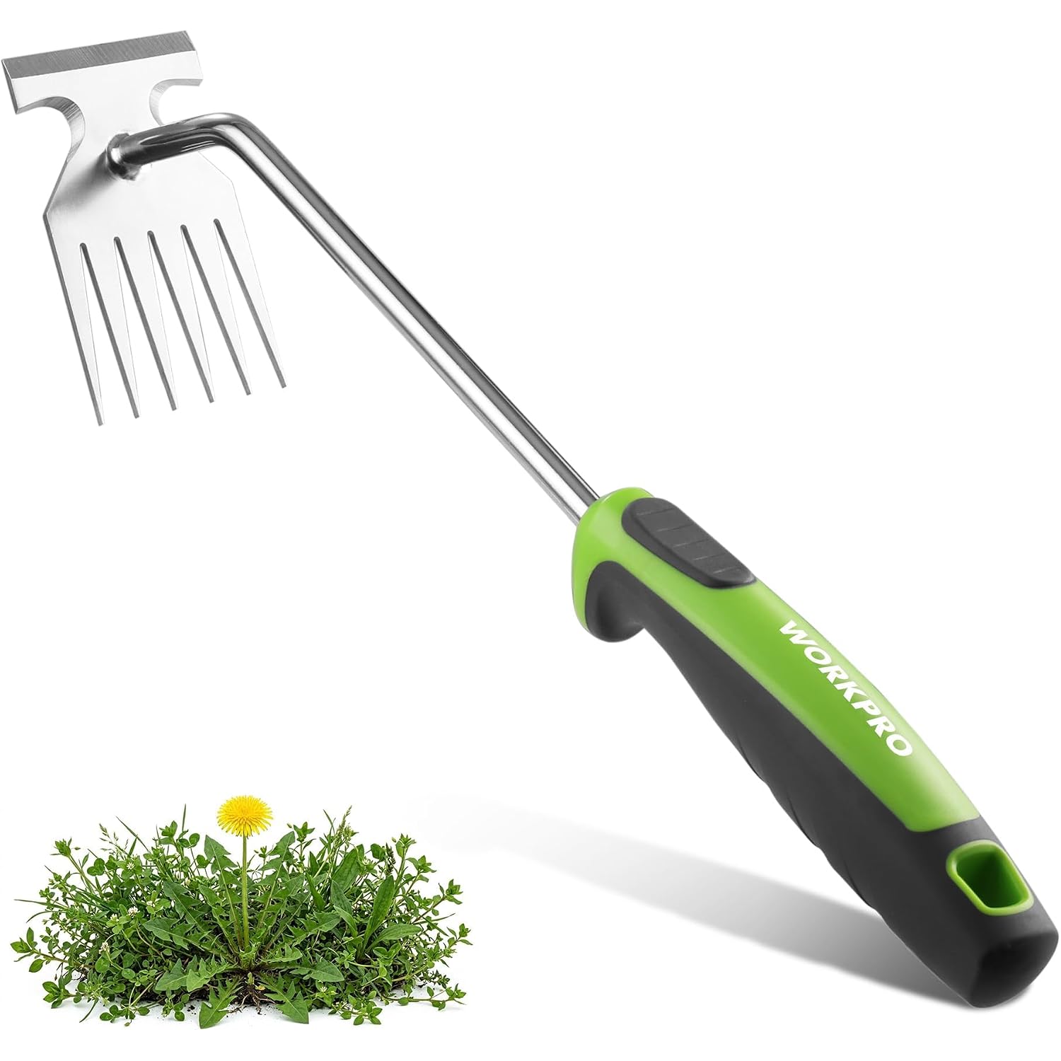 WORKPRO 6-tine weed puller tool with stainless steel head and green-and-black soft grip handle.