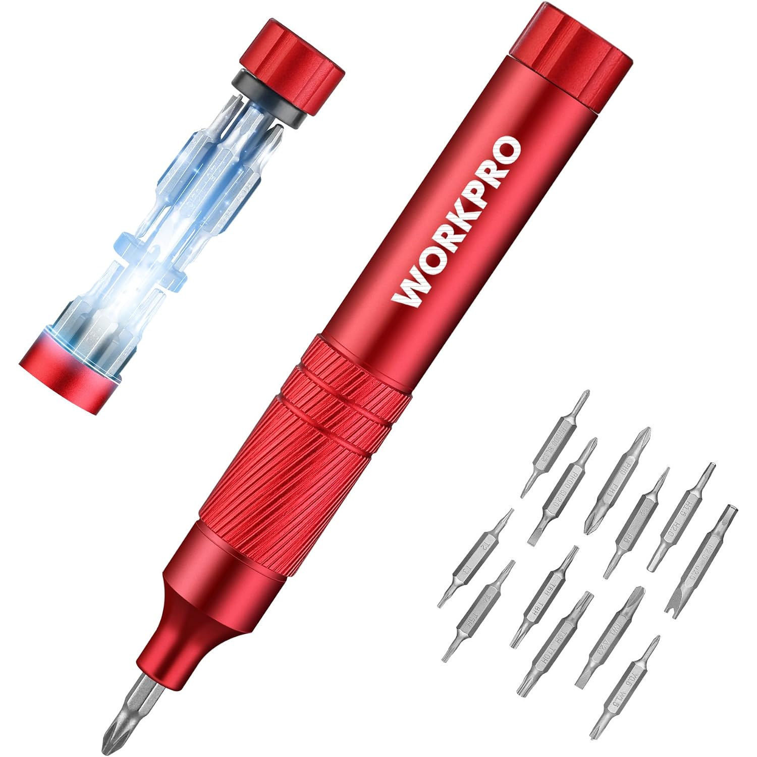 Red mini screwdriver set with transparent bit organizer and assorted metal bits