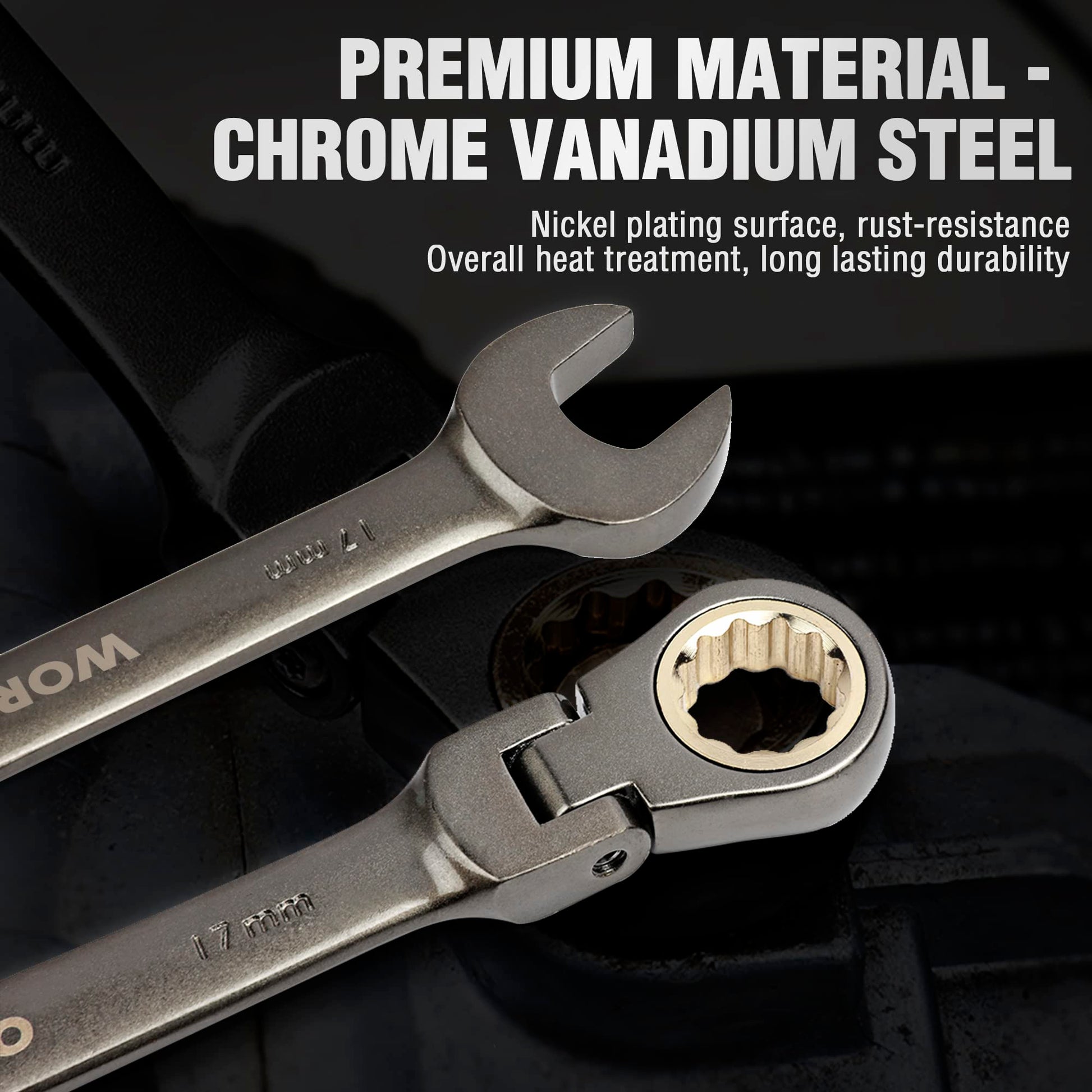 Ratcheting combination wrench with box-end socket, curved flex head, metal finish