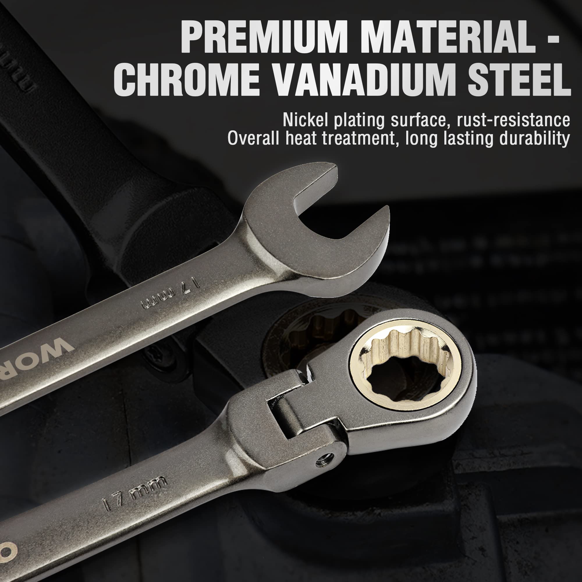 Ratcheting combination wrench with box-end socket, curved flex head, metal finish