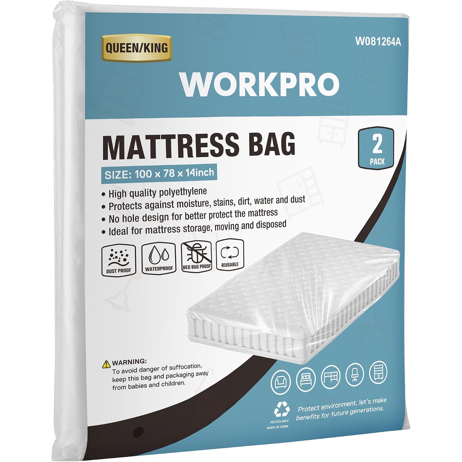 WORKPRO queen/king mattress bag 2-pack, clear water-resistant plastic covers