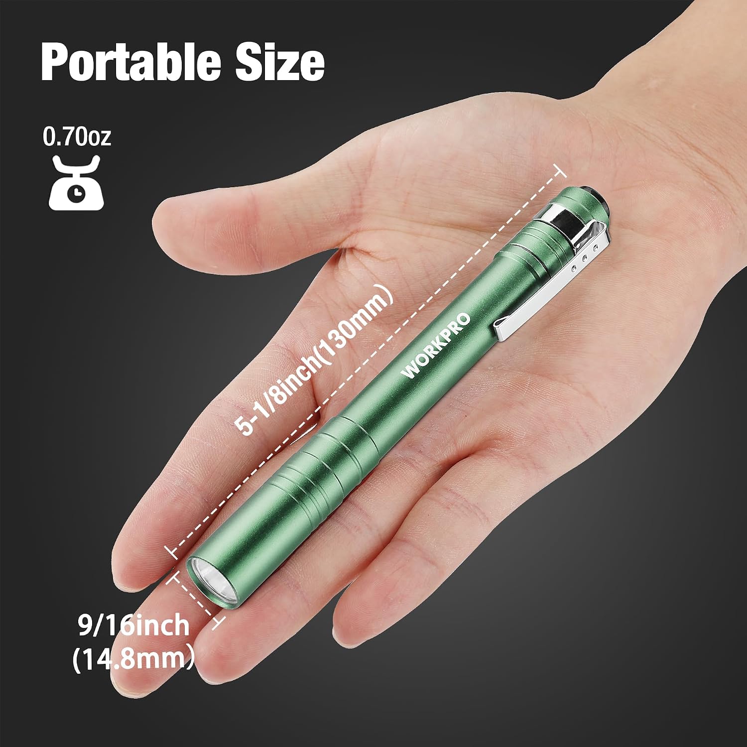 Green LED pen flashlight in hand with pocket clip, compact size