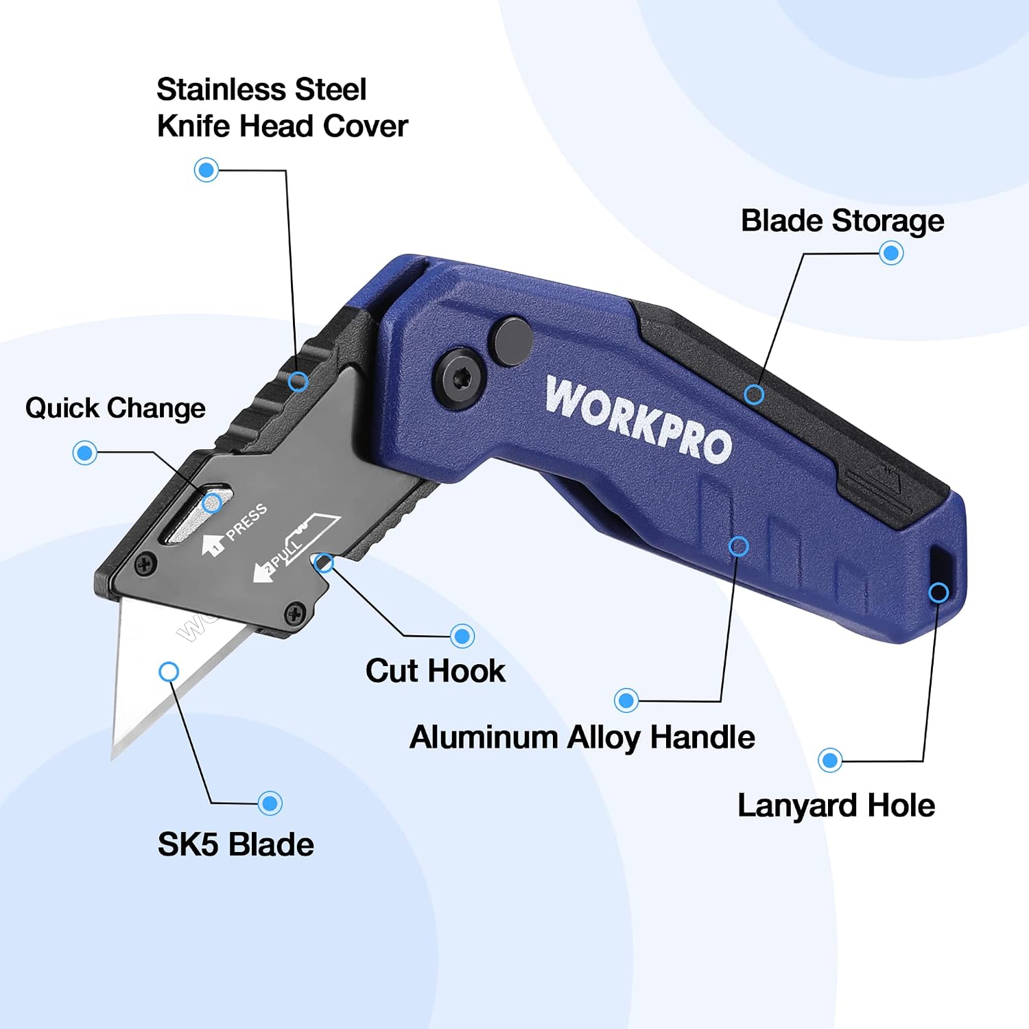 WORKPRO Folding Utility Knife, Quick Change Box Cutte 13 Extra Blades Included, Blue