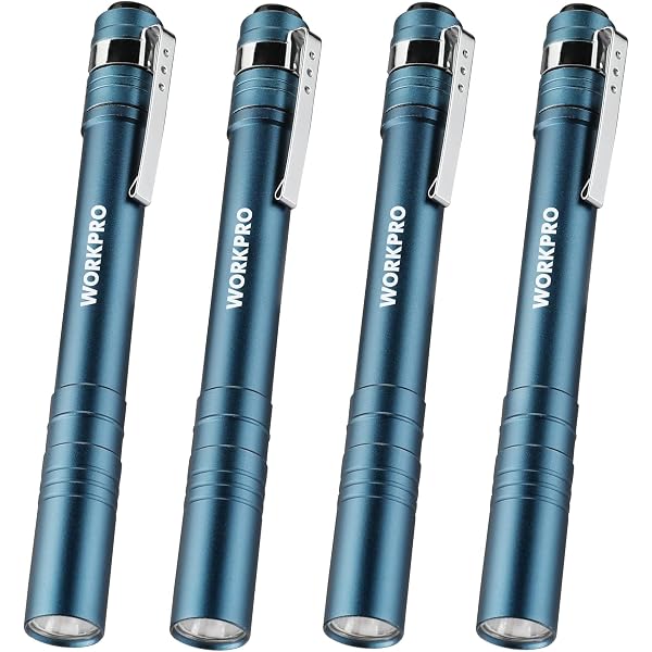 WORKPRO LED pocket flashlights (4-pack) in blue aluminum with metal clips
