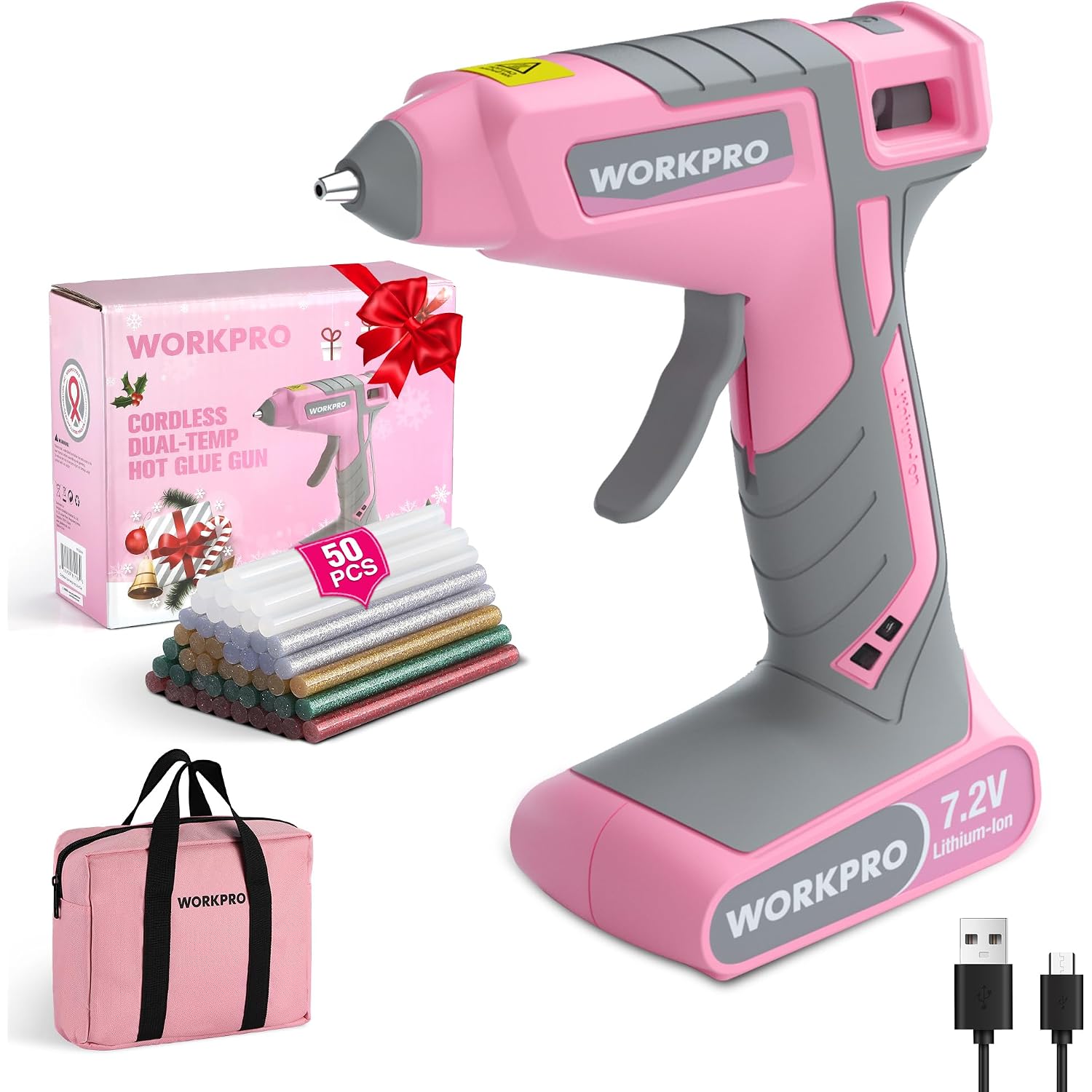 WORKPRO Cordless Hot Glue Gun, 7.2V Glue Gun with 50 Pcs Premium Mini Glue Sticks and Storage Bag, 2600mAh Type-C Rechargeable, Dual-Temp Hot Glue Gun Kit for DIY, Crafting and Arts