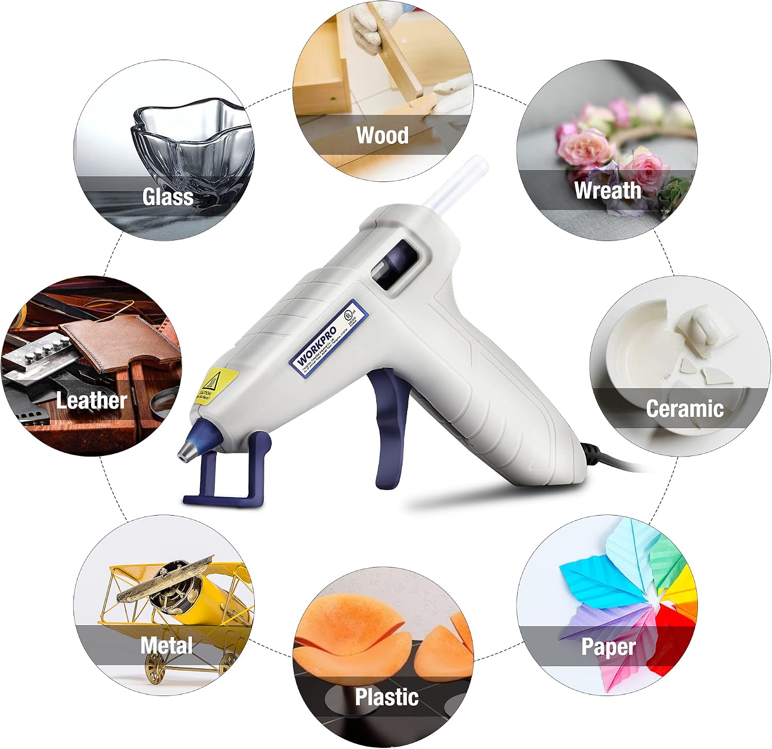 Mini hot glue gun for multiple crafts with circular examples, white and blue