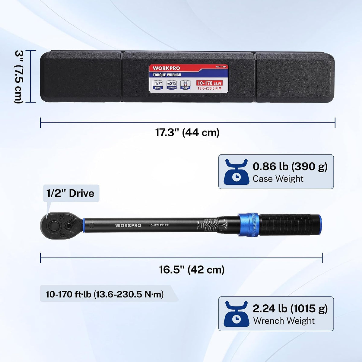 WORKPRO 1/2" Drive Click Torque Wrench, 10-170 ft-lb, ±3% Accuracy