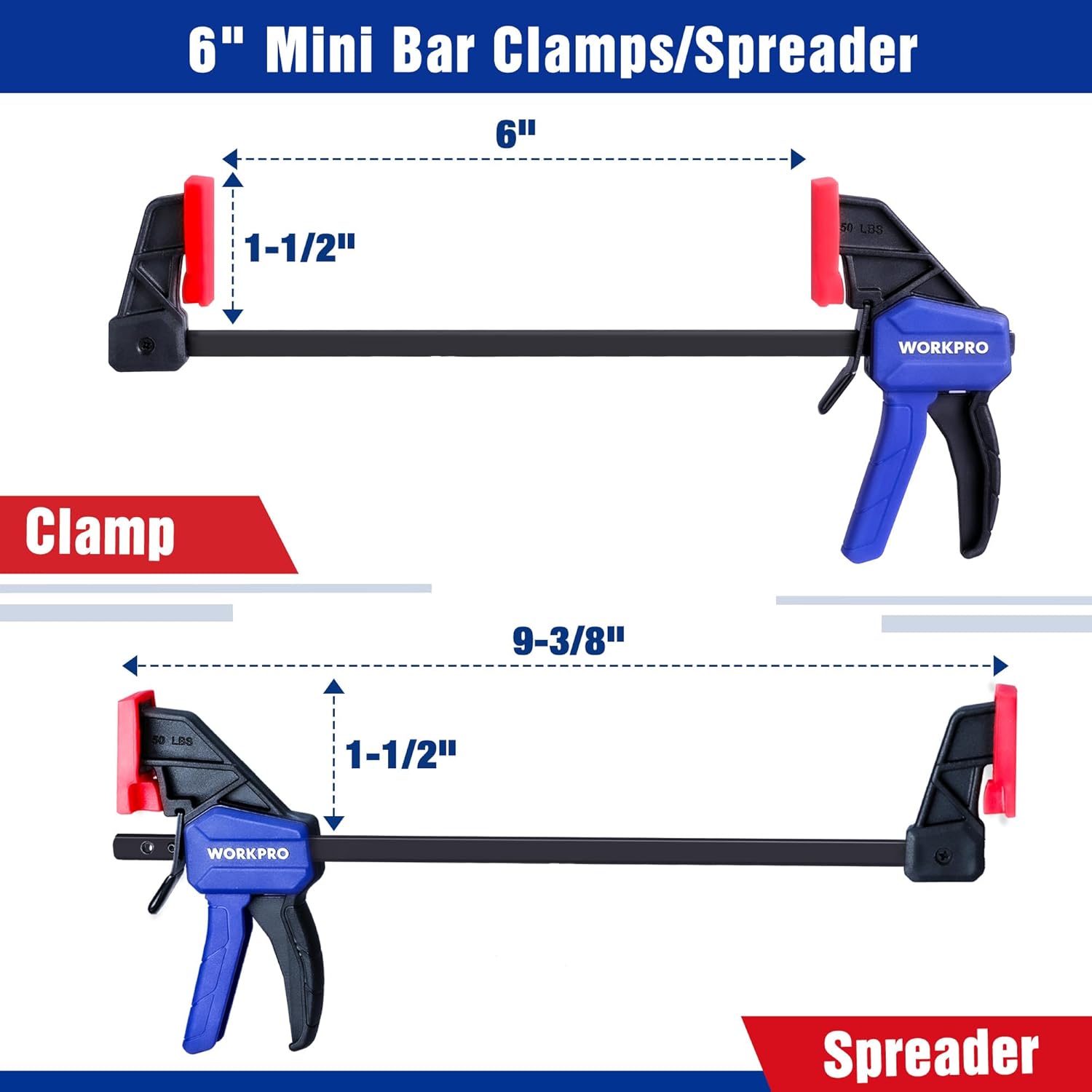 6-inch mini bar clamp/spreader, black bar with red pads and blue one-hand lever