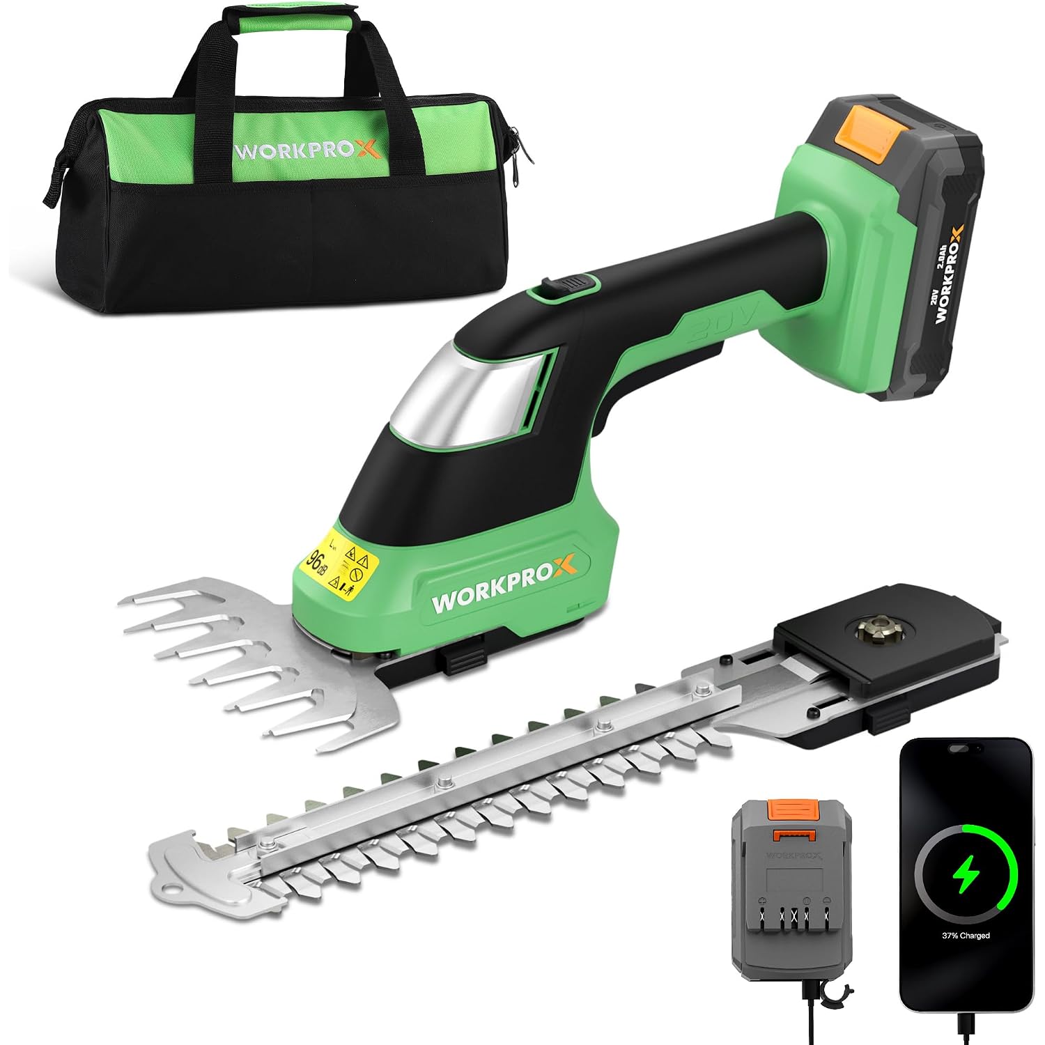Cordless grass shear kit with storage bag, spare blades, and battery charger
