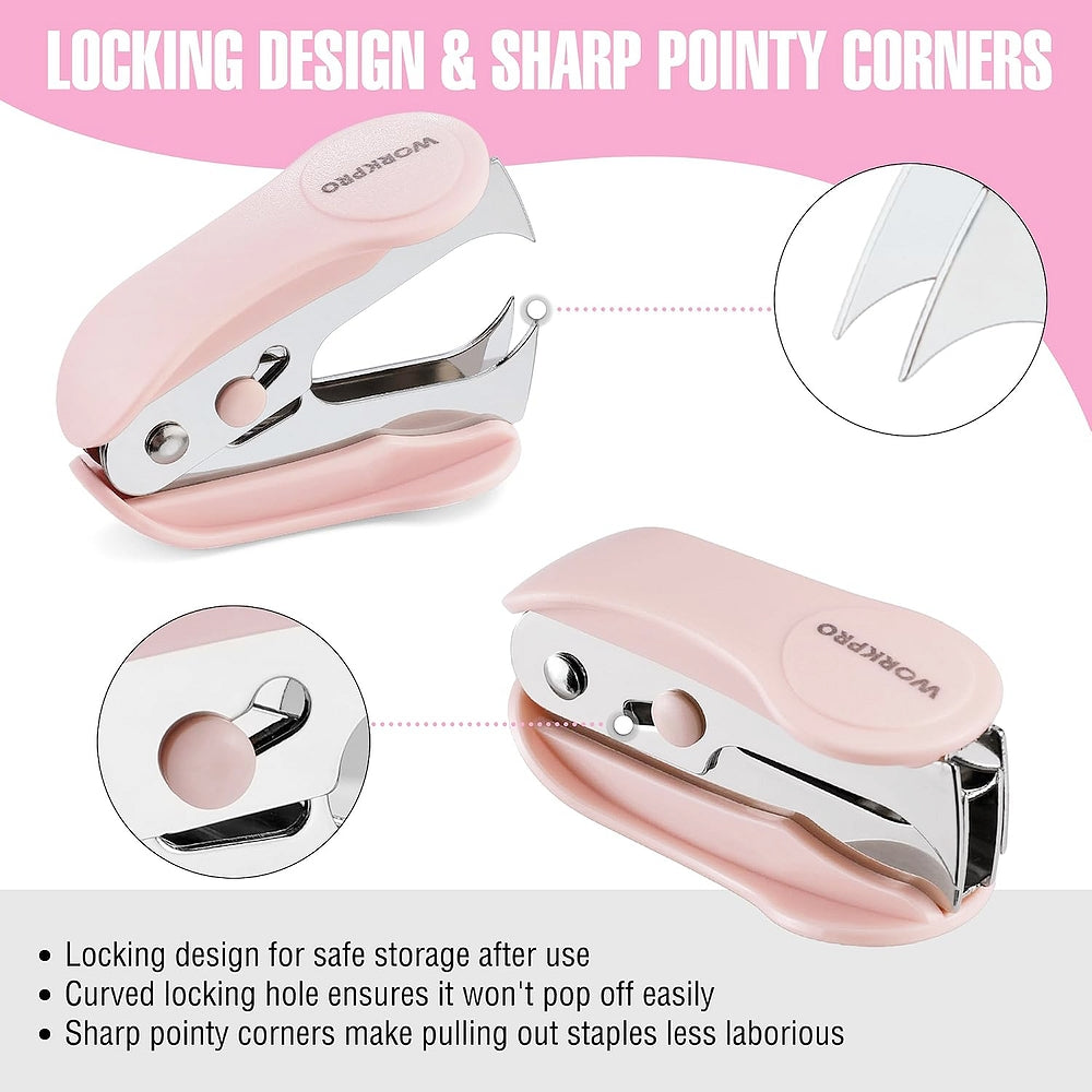 Pink mini stapler with staple remover tool, locking design