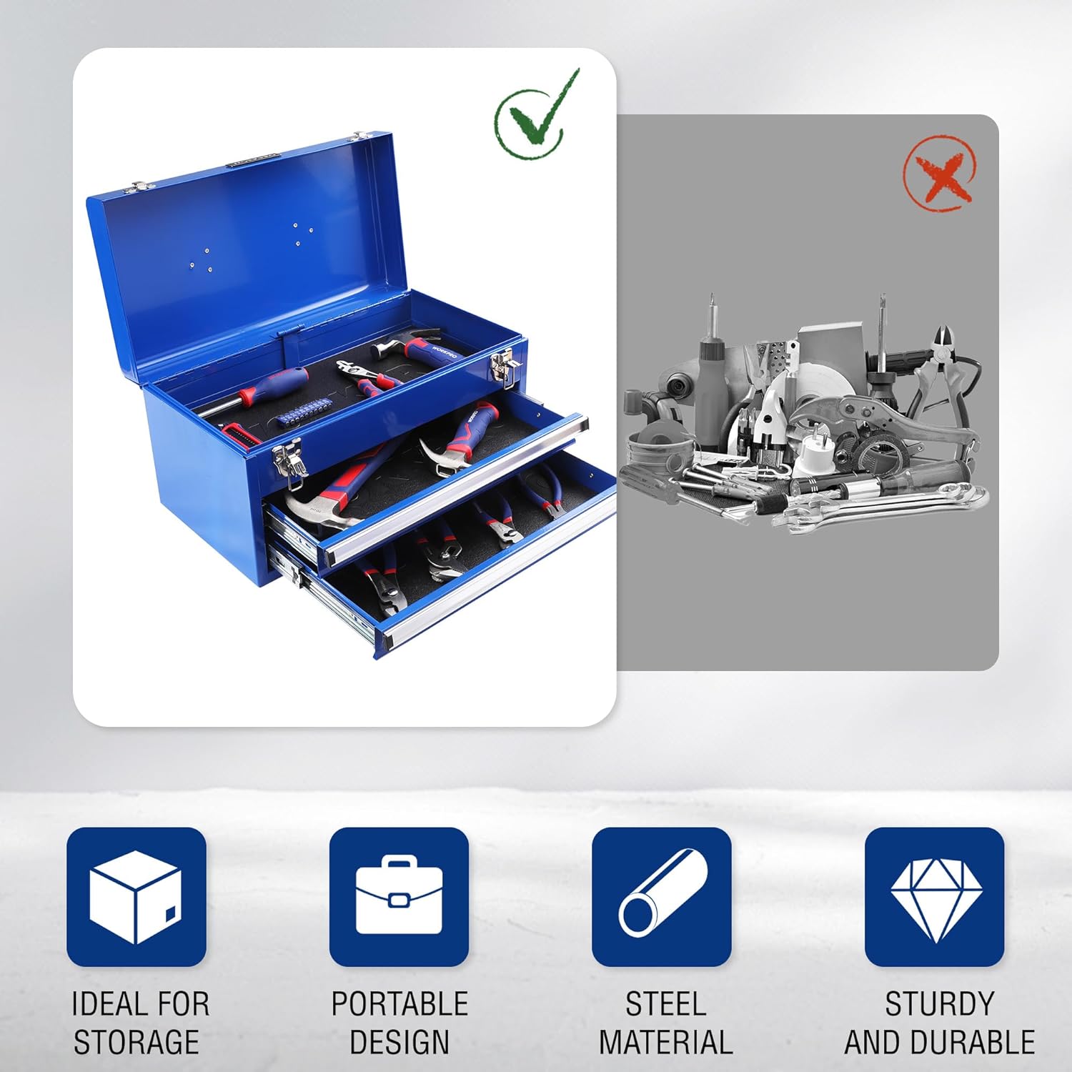 Open blue WORKPRO tool box with 2 drawers, lined compartments, and tool organizers