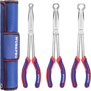 Set of three long hose gripper pliers with serrated jaws and red-blue handles in pouch