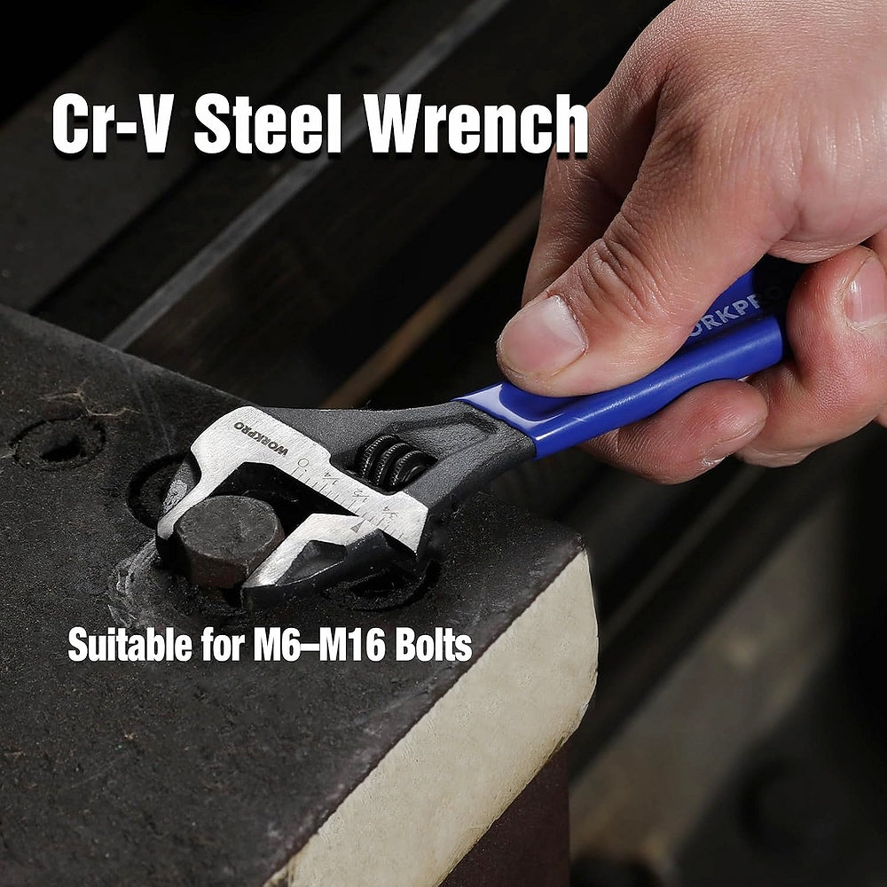 WORKPRO adjustable wrench clamping a hex bolt on black oxide jaw