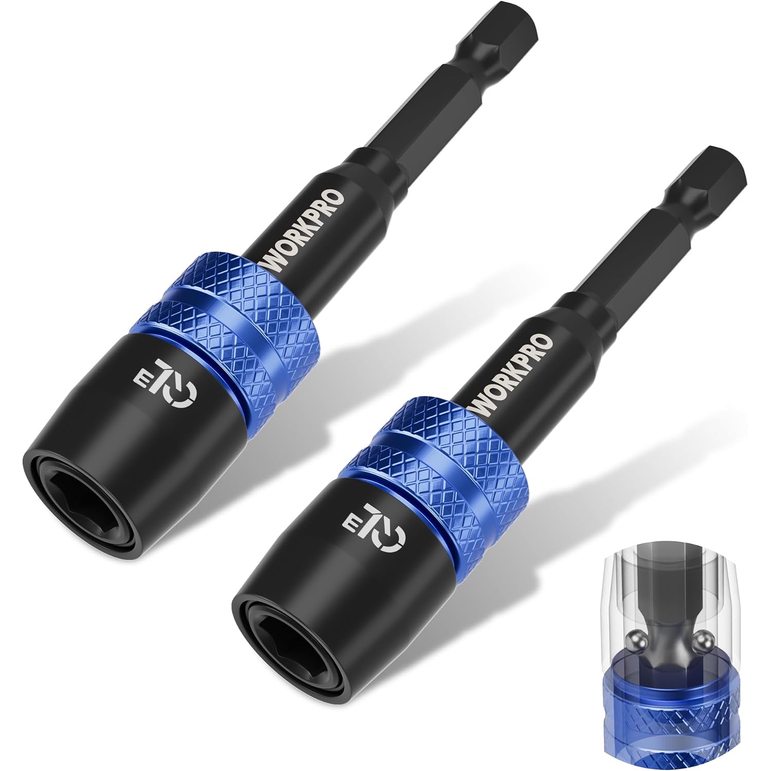 Pair of black drill bit extension adapters with blue knurled rings and hex shank ends