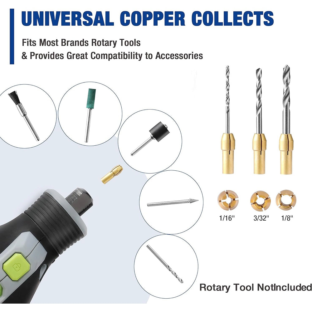 Universal copper collets set with rotary tool bit holders and collet sizes 1/16, 3/32, 1/8
