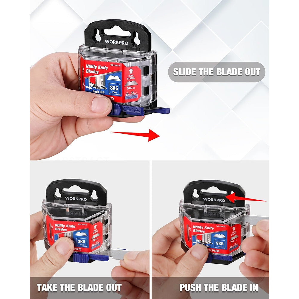 Utility knife blade dispenser as user slides blade out and pushes blade in