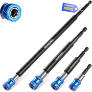Magnetic drill bit extension set with four black shafts and blue magnetic sleeves