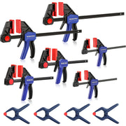 Set of WORKPRO bar clamps with black bars, red jaw pads, and blue handles
