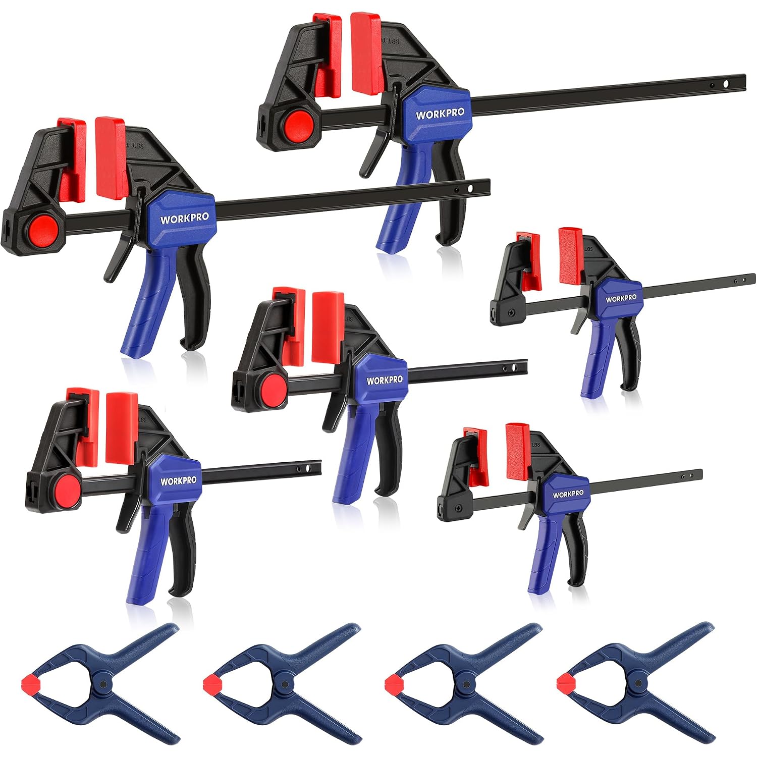 Set of WORKPRO bar clamps with black bars, red jaw pads, and blue handles