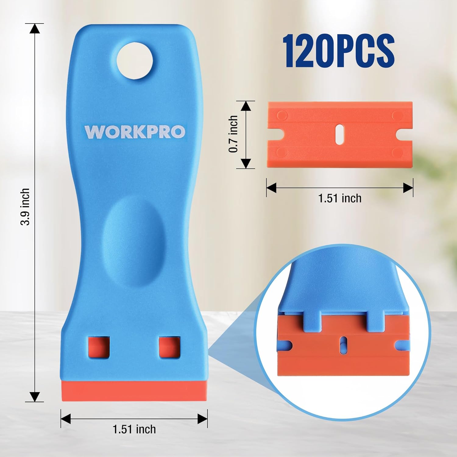 Blue plastic razor blade scraper with 120pcs plastic blades and size markings