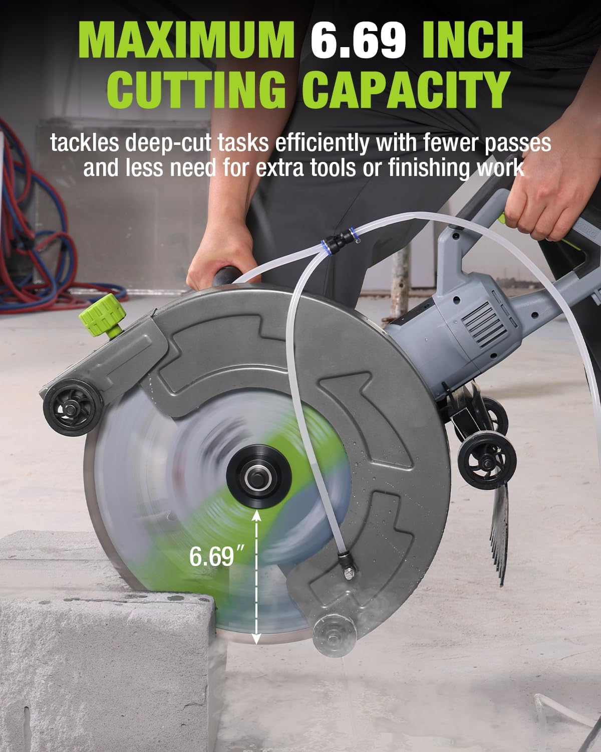Wet concrete saw with max 6.69 inch cutting depth and connected water hose line