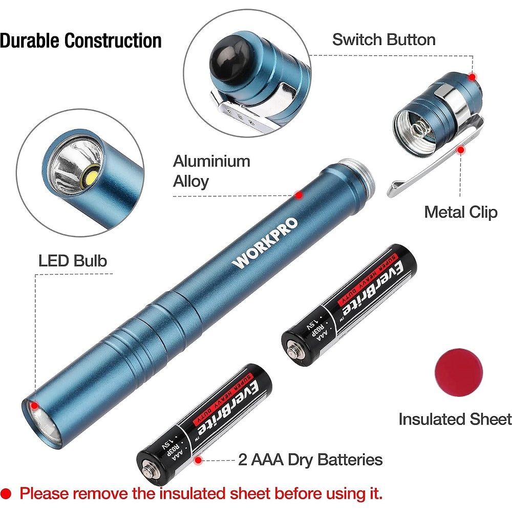 WORKPRO LED flashlight in blue aluminum with metal clip and two AAA batteries