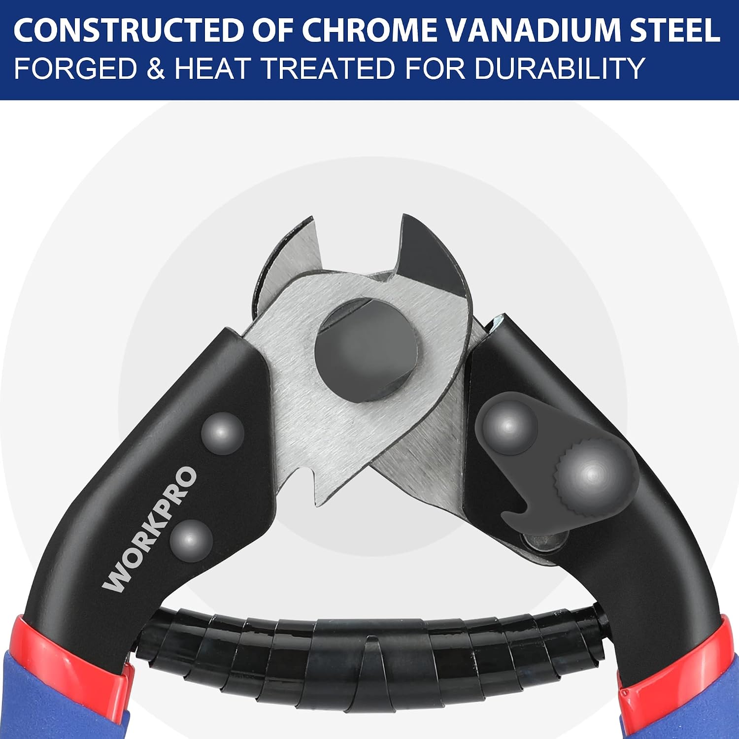 Chrome vanadium steel wire rope cutter with silver jaws and black handle grips