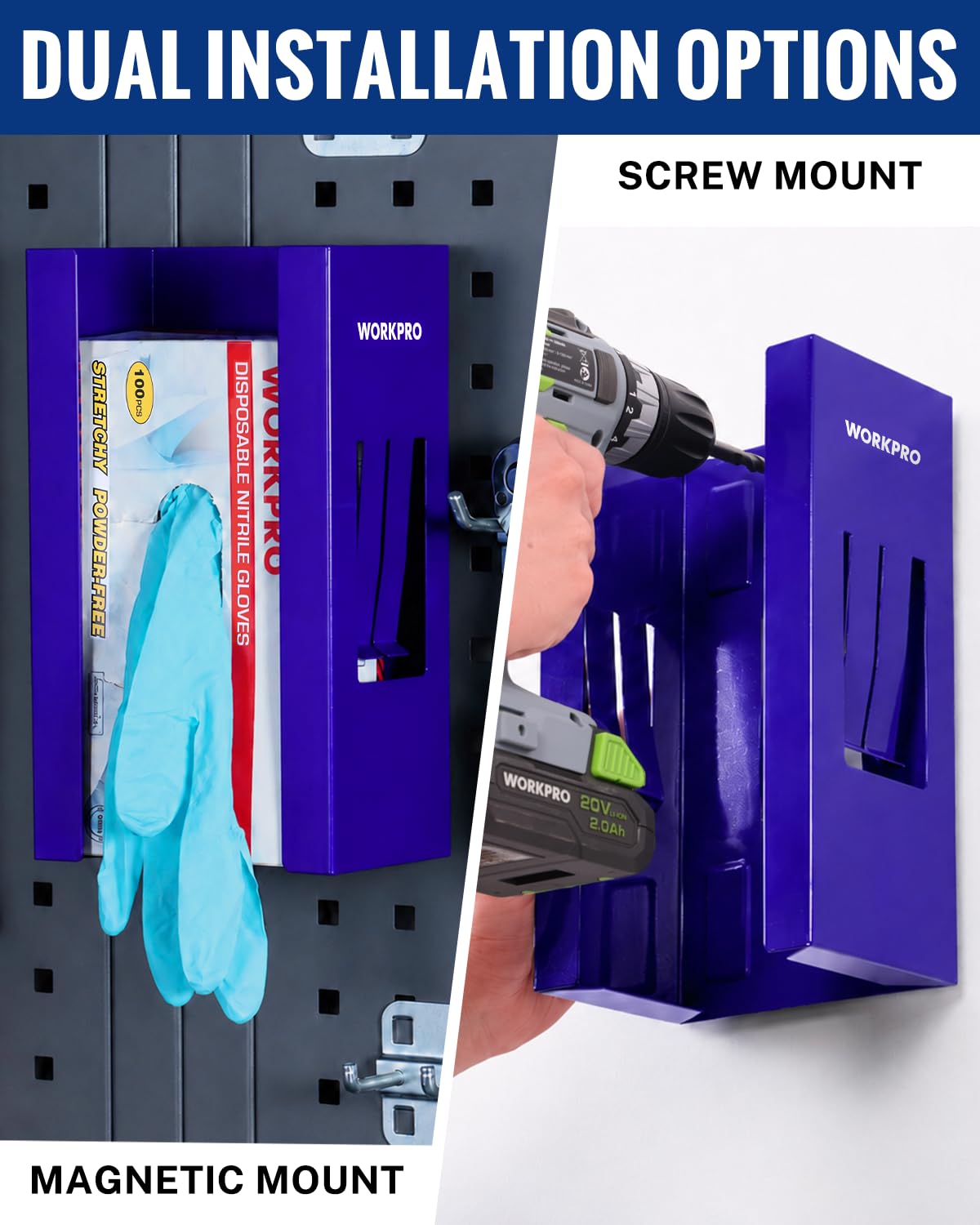 WORKPRO Magnetic Glove Dispenser, Heavy Duty Steel Glove Box Holder with 4 Strong Magnets, Wall Mount Glove Holder for Nitrile Gloves, Garage, Workshop, Warehouse and Laboratory