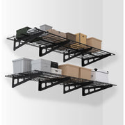 Black metal wall shelving set with wire grid shelves and support brackets, multi-tier layout.