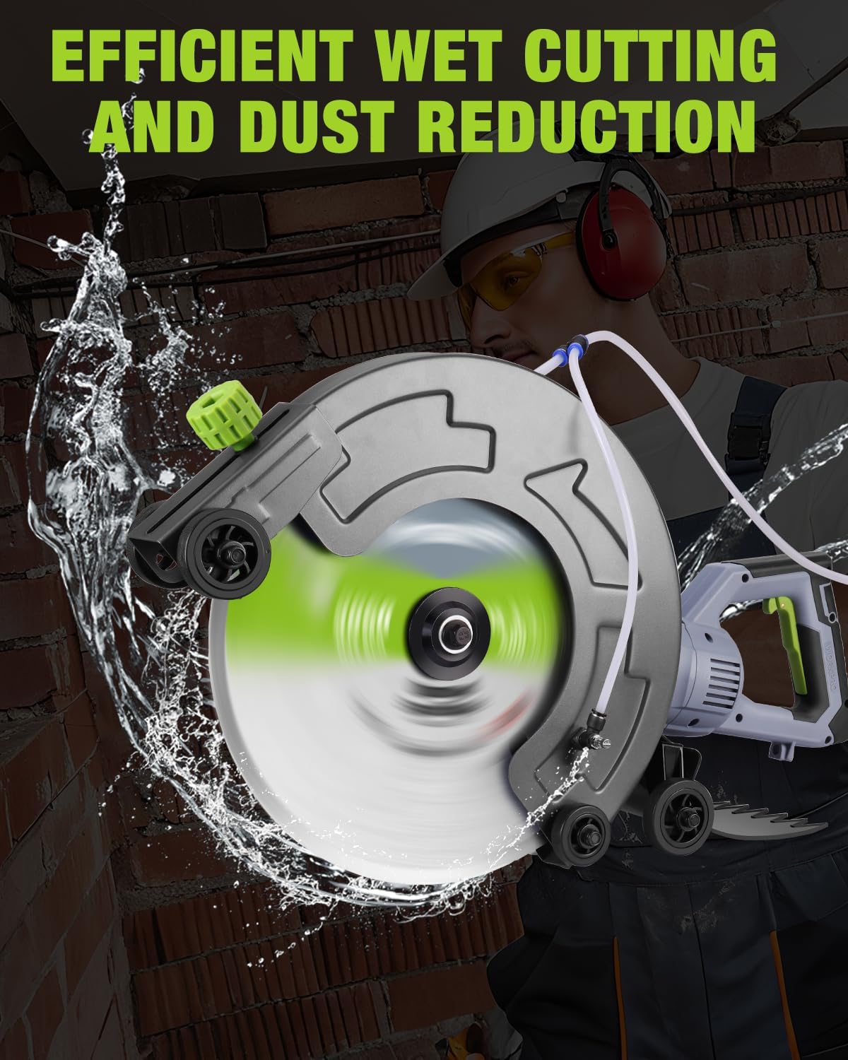 Wet concrete saw with circular blade, water spray for dust reduction, and rolling wheels