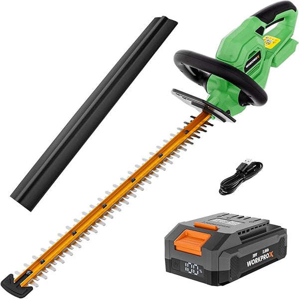 WORKPRO 20V Cordless Hedge Trimmer, 22" Dual-Action Blade, 3/4" Cutting Capacity