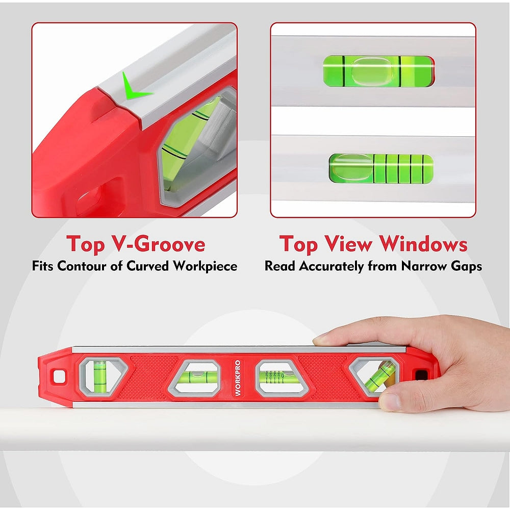 Red torpedo level with top V-groove channel and large vial windows for viewing