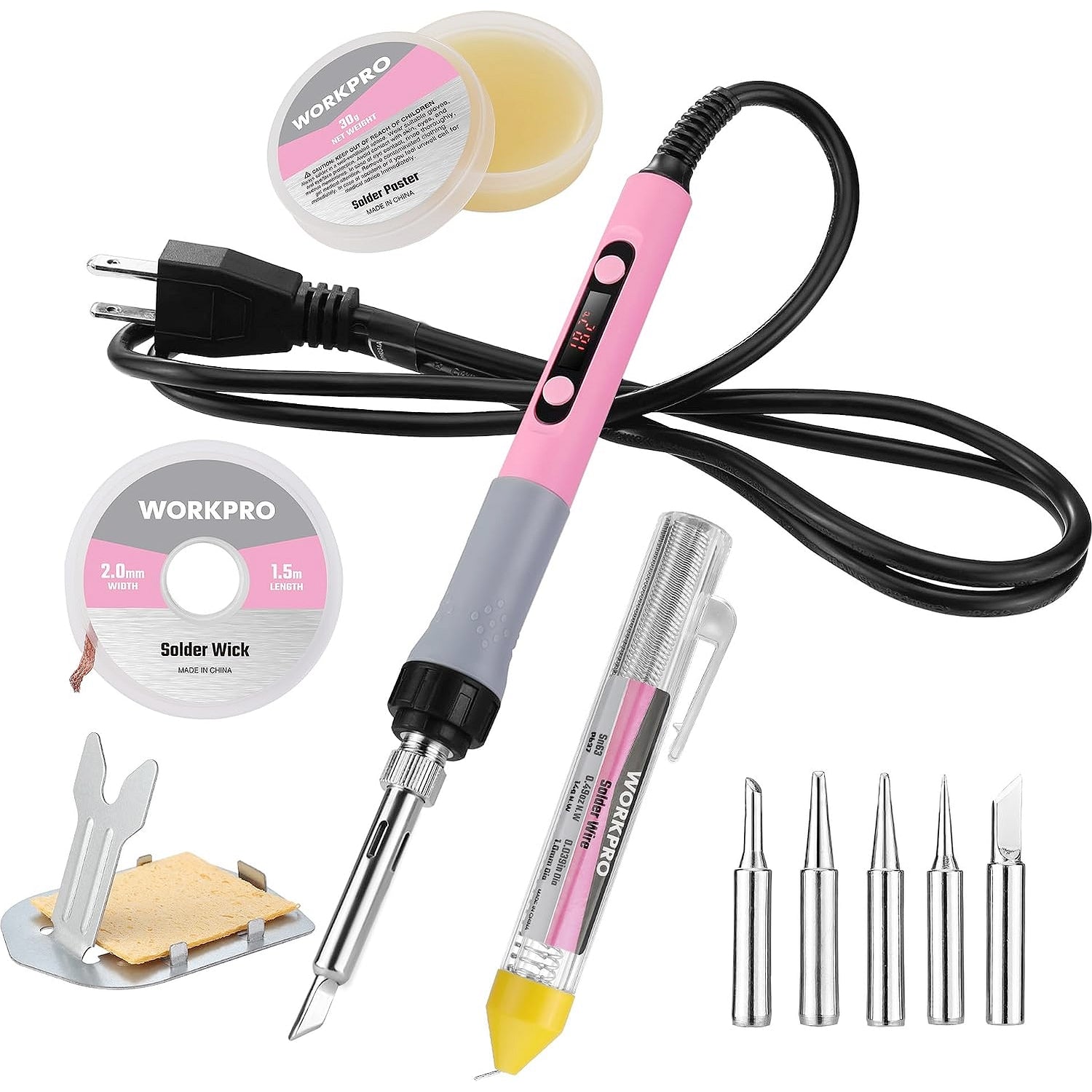 WORKPRO soldering iron kit in pink and black with digital LCD temperature display for electronics repair innovation