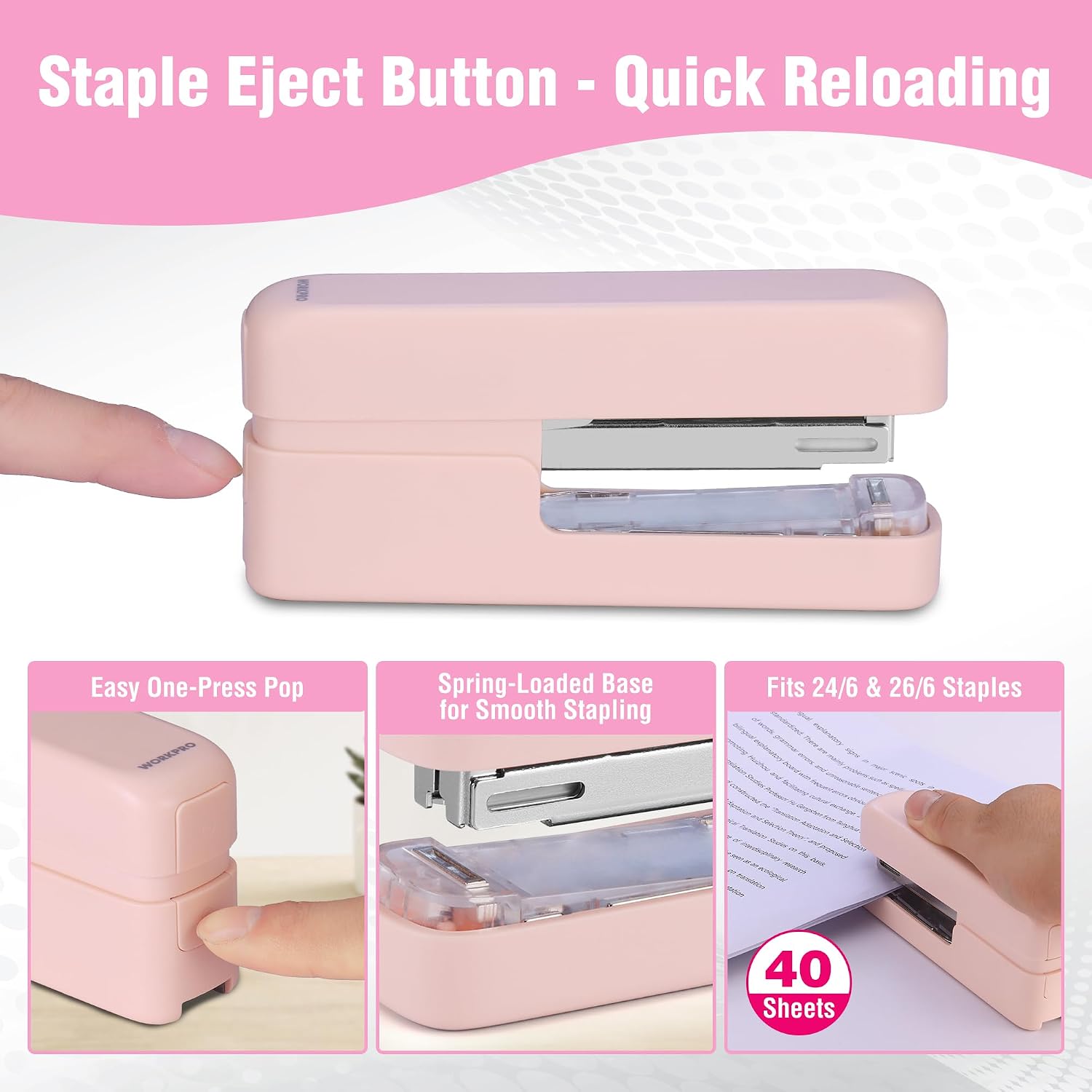 WORKPRO 2-in-1 stapler in pink with innovation, quality, secure operation, and durable flat clinch design