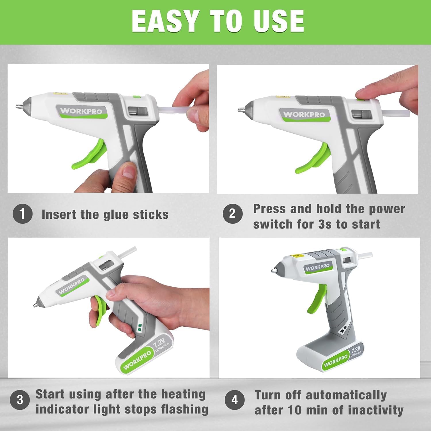 WORKPRO 7.2V Cordless Hot Melt Glue Gun Kit, White