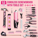 WORKPRO 55 Pcs/75 Pcs Pink Household Tools Set, 3.7V Rotatable Cordless Screwdriver - Pink Ribbon