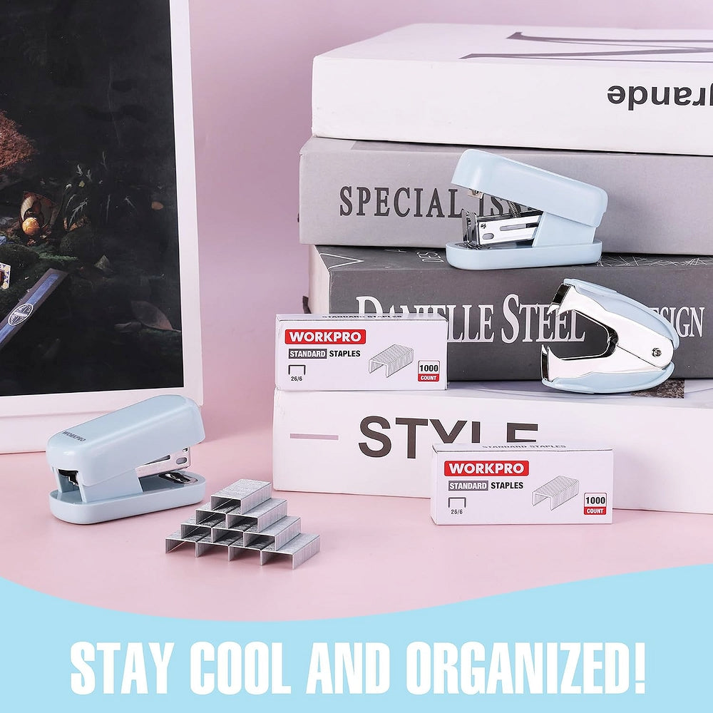 Light blue mini stapler and loose staples on top of boxed standard staples