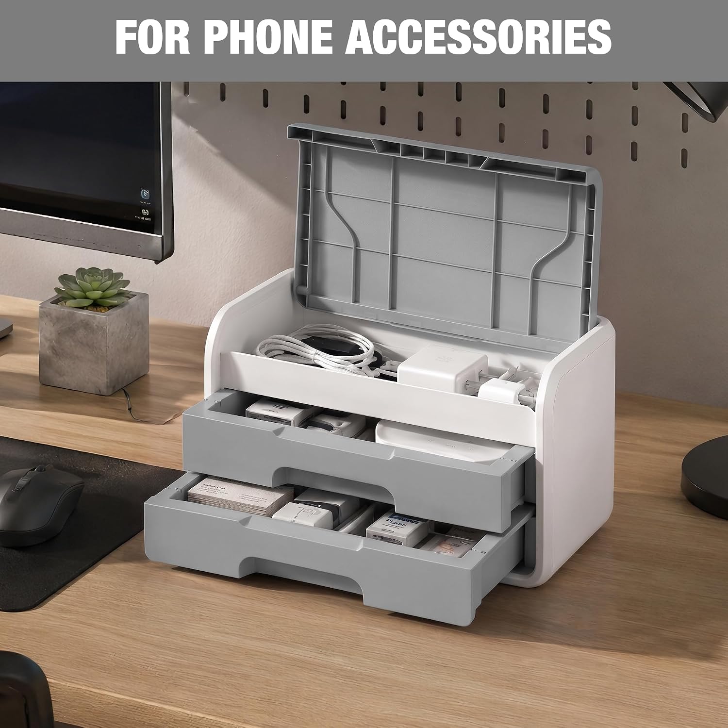 Grey and white desktop drawer organizer with open flip-top lid and two pull-out drawers
