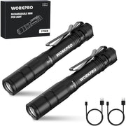 Black mini rechargeable pen light two-pack with pocket clips, shown with retail box.
