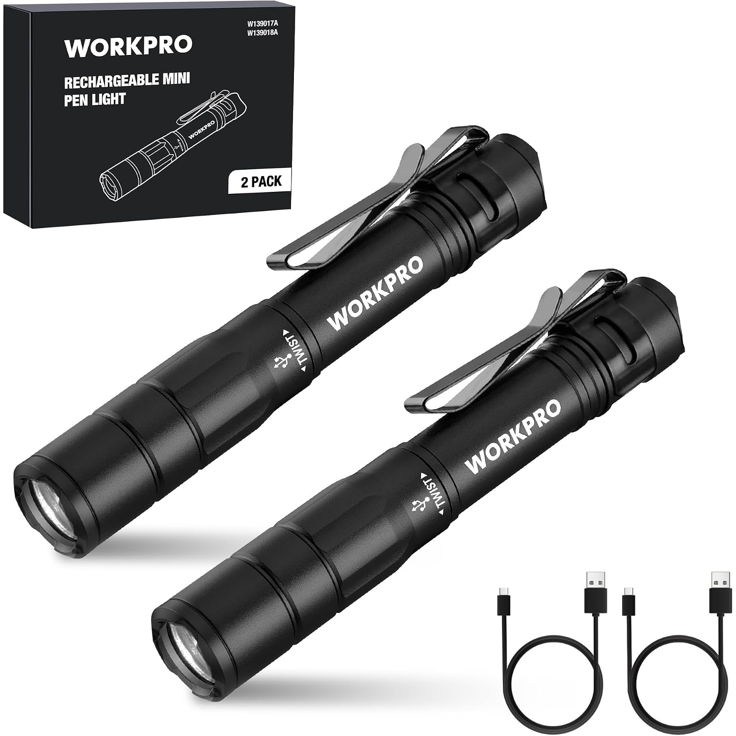 Black mini rechargeable pen light two-pack with pocket clips, shown with retail box.