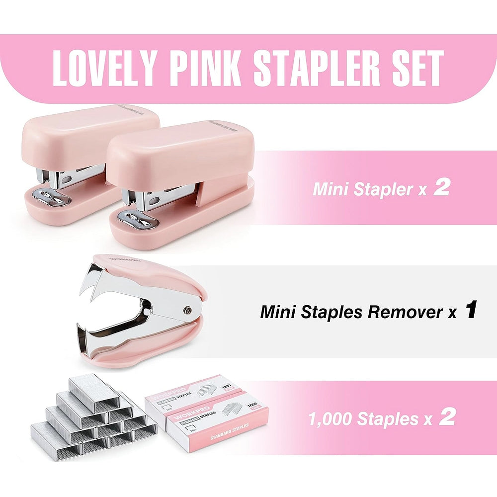 Pink mini stapler set: two mini staplers, staple remover, and 1,000 staples
