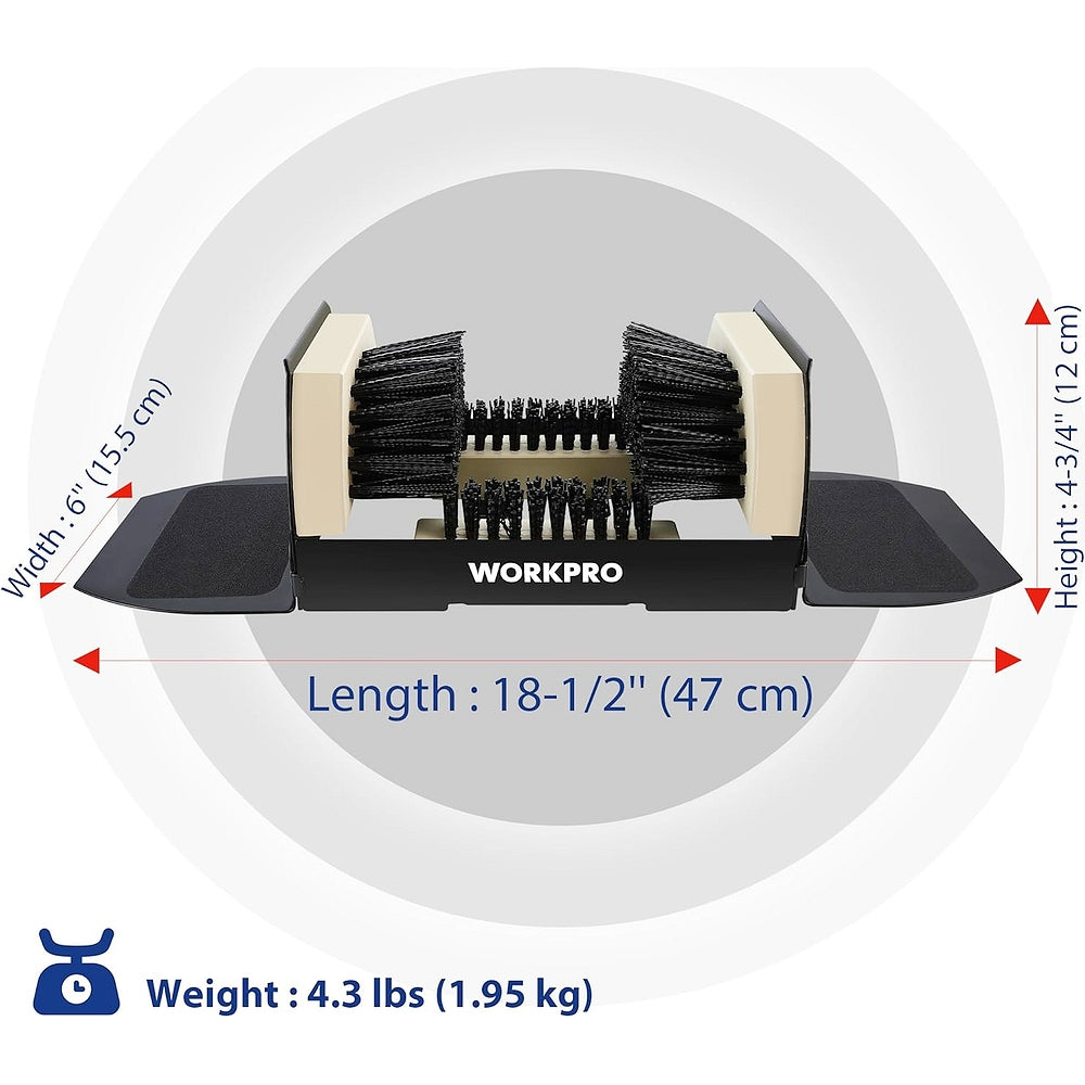 Boot scrubber measure diagram with two black bristle brushes on non-skid base