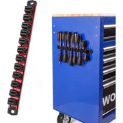 Magnetic tool organizer rail attached to a blue toolbox, holding screwdrivers and wrenches in slots.