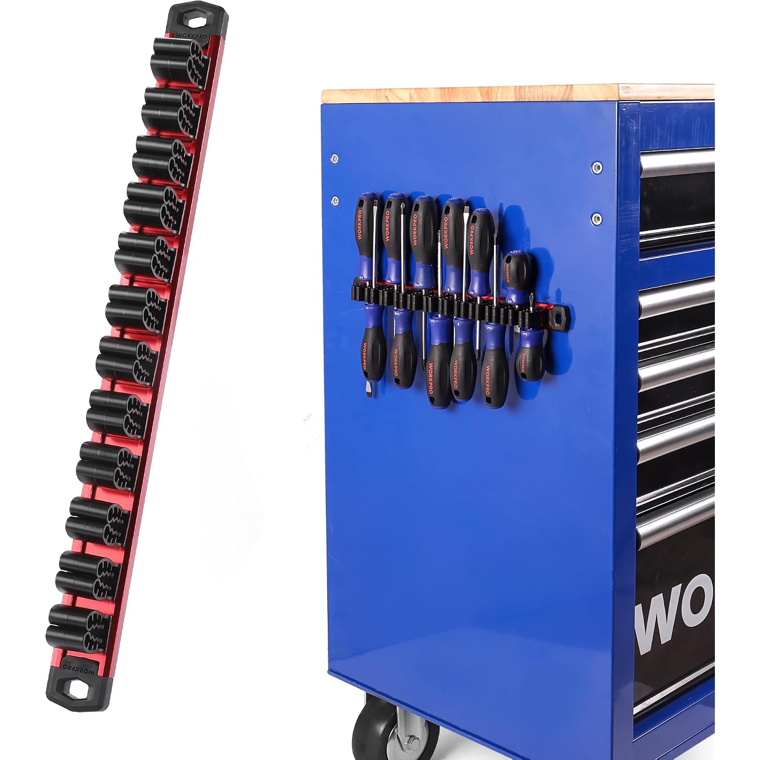 Magnetic tool organizer rail attached to a blue toolbox, holding screwdrivers and wrenches in slots.