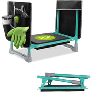 Foldable garden kneeler stool with teal frame, black cushioned platform, and two tool pouches