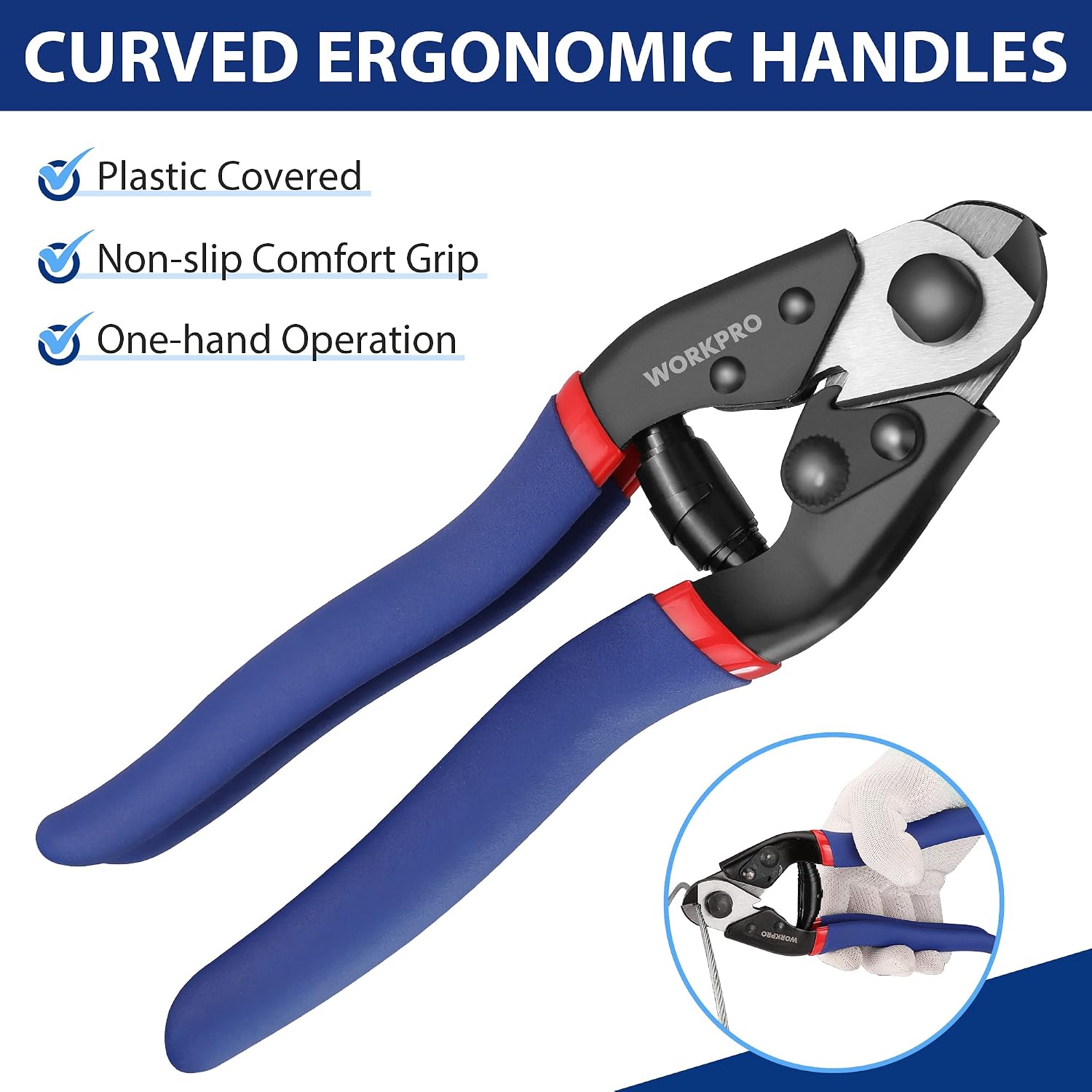 Ergonomic cable cutter with curved blue handles and one-hand black jaw design