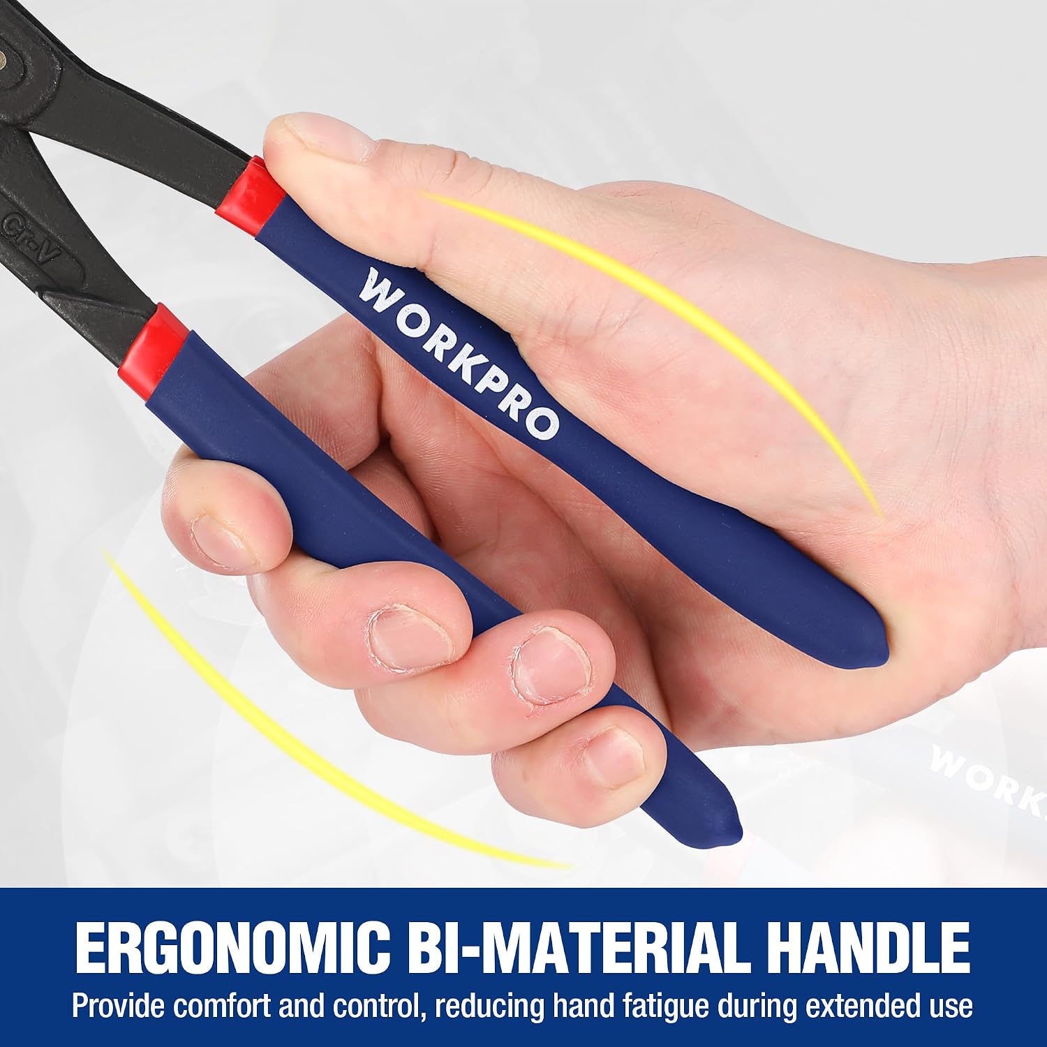 Adjustable groove joint pliers with blue bi-material handle held in a hand