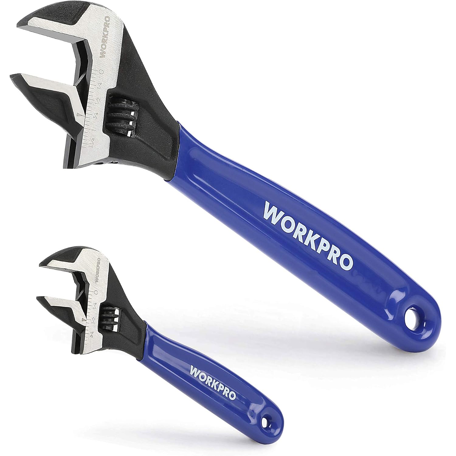 Set of two adjustable wrenches with blue handles and black adjustment jaws