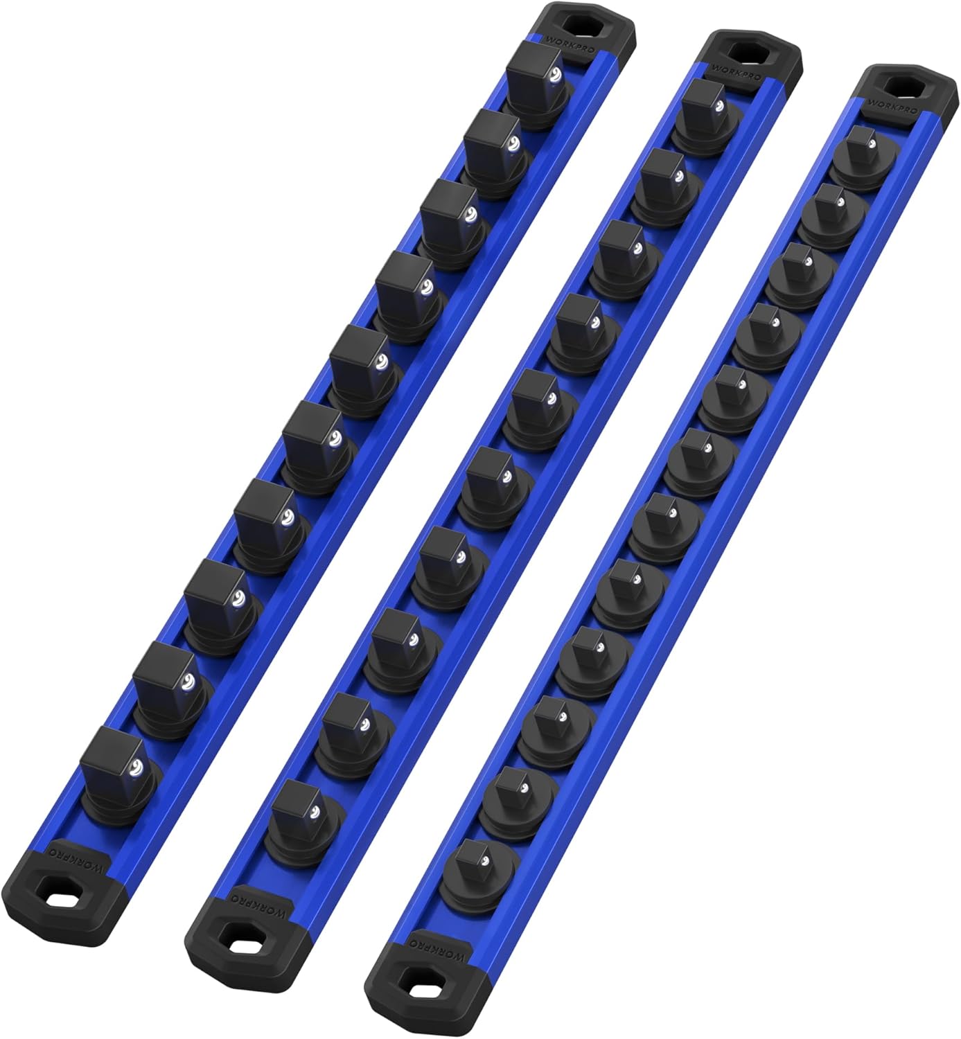 Blue socket organizer rails with black magnetic clips, empty clip holders